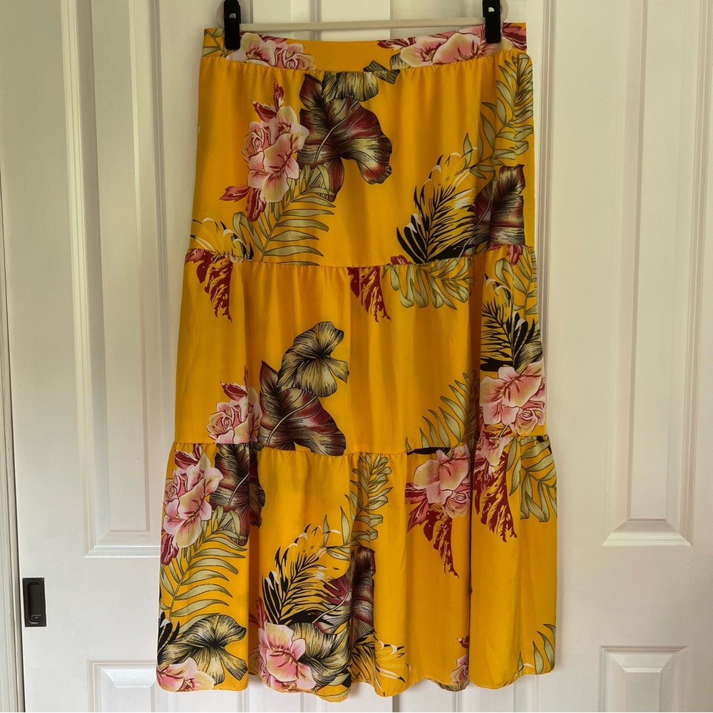 SHEIN‎ Curve Tropical Floral Yellow Tiered Maxi Skirt Size 2XL